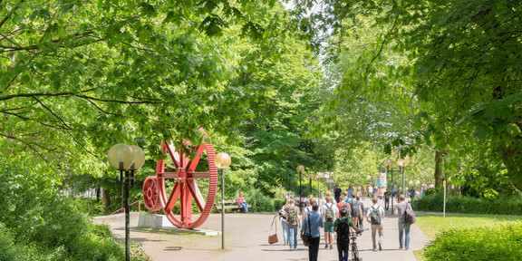 Studierende auf dem Campus im Sommer